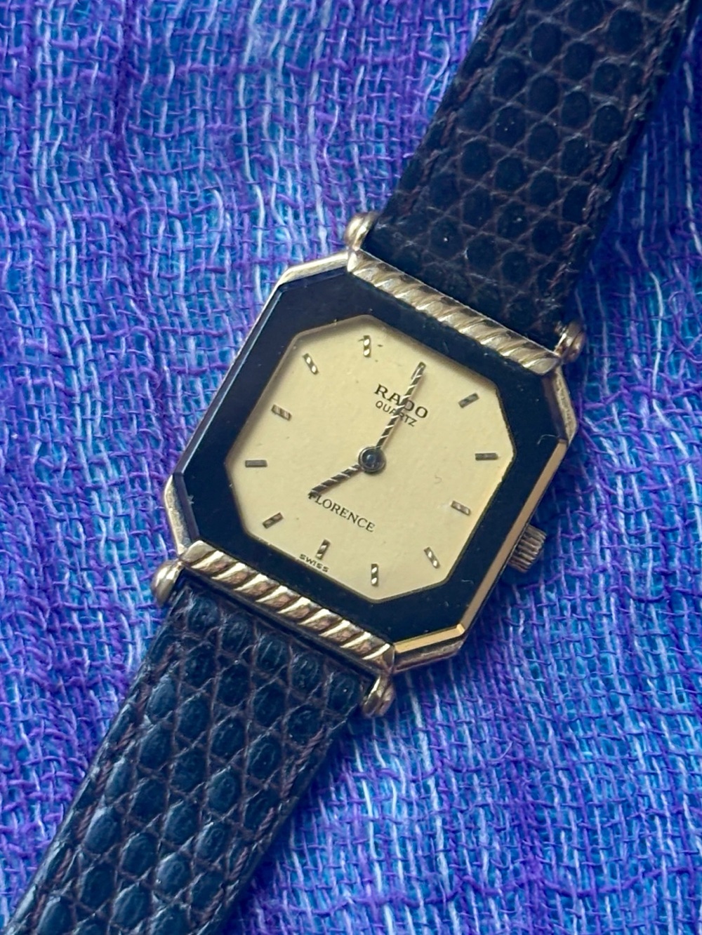 Vintage Swiss Rado Florence Gold Black Watch Exotic Gucci Lizard Leather Strap
